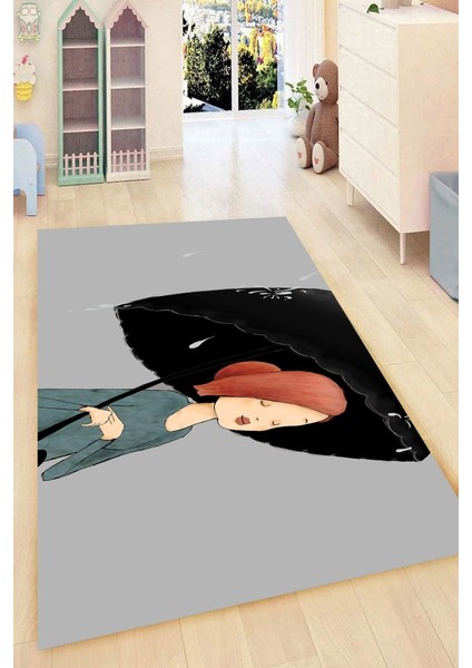Kaymaz Dot Taban Yıkanabilir Dijital Baskı Şemsiye Tutan Huzurlu Kız Çocuk Halısı 80 x 100