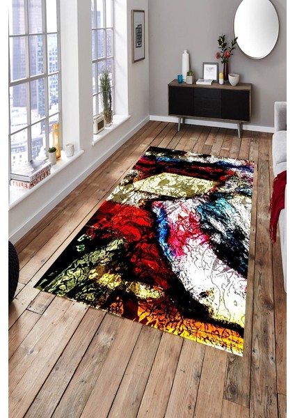 Kaymaz Dot Taban Yıkanabilir Dijital Baskı Çatak Gölge Efekti Geometrik Çizimler Salon Halısı 80 x 200