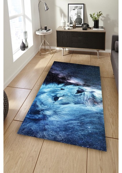 Kaymaz Dot Taban Yıkanabilir Dijital Baskı Buz Aslanı Ve Galaxy Salon Halısı 80 x 600