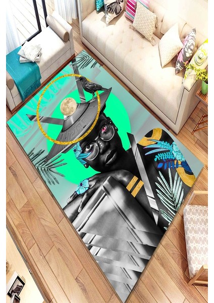 Kaymaz Dot Taban Yıkanabilir Dijital Baskı Exotic Afrikalı Desen Salon Halısı 80 x 200