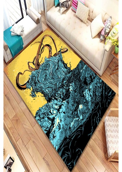 Kaymaz Dot Taban Yıkanabilir Dijital Baskı Ahtapotun Yükselişi Salon Halısı 80 x 100