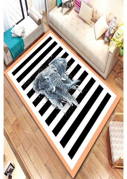 Kaymaz Dot Taban Yıkanabilir Dijital Baskı Çizgili Suluboya Fil Salon Halısı 80 x 200
