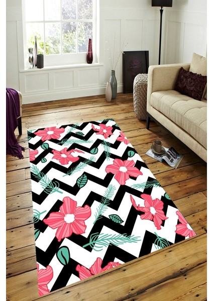 Kaymaz Dot Taban Yıkanabilir Dijital Baskı Zigzag Zemin Çiçek Yerleşimi Salon Halısı 80 x 250