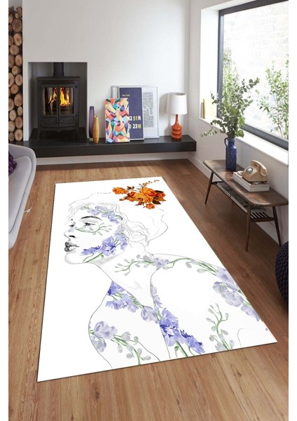Kaymaz Dot Taban Yıkanabilir Dijital Baskı Özel Tasarım Doğa Kadın Ve Çiçekler Dijital Baskıl Halı Salon Halısı 80 x 100