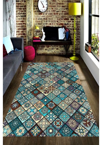 Kaymaz Dot Taban Yıkanabilir Dijital Baskı İslamik Mermer Desenleri Salon Halısı 80 x 200
