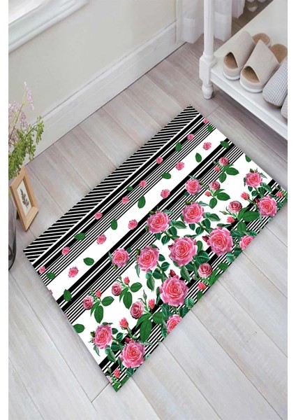 Kaymaz Dot Taban Yıkanabilir Dijital Baskı Ekose Ve Pembe Güller Salon Halısı 80 x 600