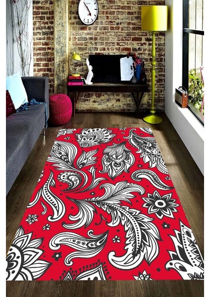 Kaymaz Dot Taban Yıkanabilir Dijital Baskı Renkli Zemin Paisley Desen Salon Halısı 80 x 100
