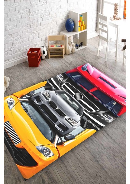 Kaymaz Dot Taban Yıkanabilir Dijital Baskı Retro Renk Spor Arabalar Çocuk Halısı 80 x 200