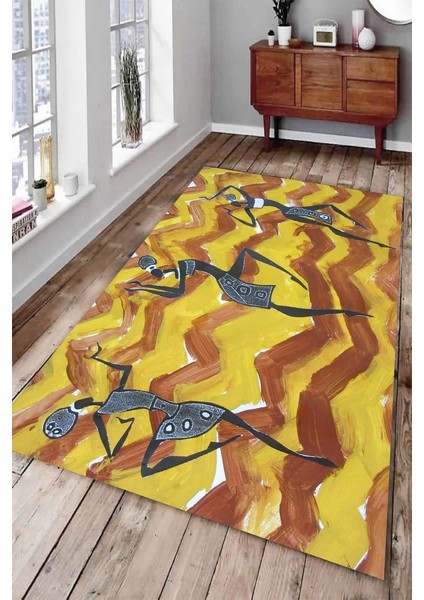 Kaymaz Dot Taban Yıkanabilir Dijital Baskı Milattan Önce Dans Figürleri Salon Halısı 200 x 300
