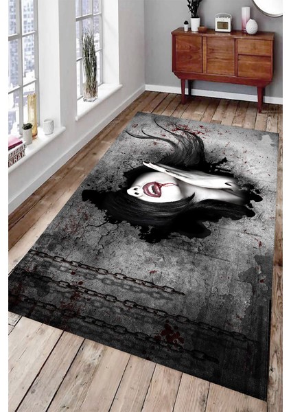 Kaymaz Dot Taban Yıkanabilir Dijital Baskı Zincirler ve Vampir Desenli Salon Halısı 200 x 250