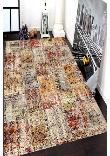 Kaymaz Dot Taban Yıkanabilir Antibakteriyel Dijital Baskı Etnik Kilim Desenli Salon Halısı 80 x 100