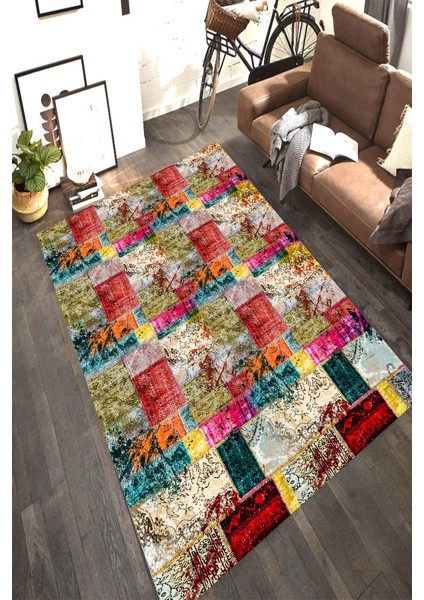 Kaymaz Dot Taban Yıkanabilir Dijital Baskı Modern Renkli Eskitme Salon Halısı 80 x 100
