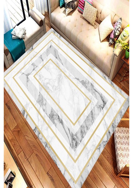 Kaymaz Dot Taban Yıkanabilir Dijital Baskı Beyaz Mermer Tasarımlı Salon Halısı 100 x 600