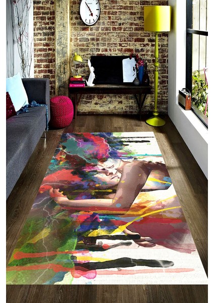 Kaymaz Dot Taban Yıkanabilir Dijital Baskı Pastel Renklerin Dansı Salon Halısı 80 x 100