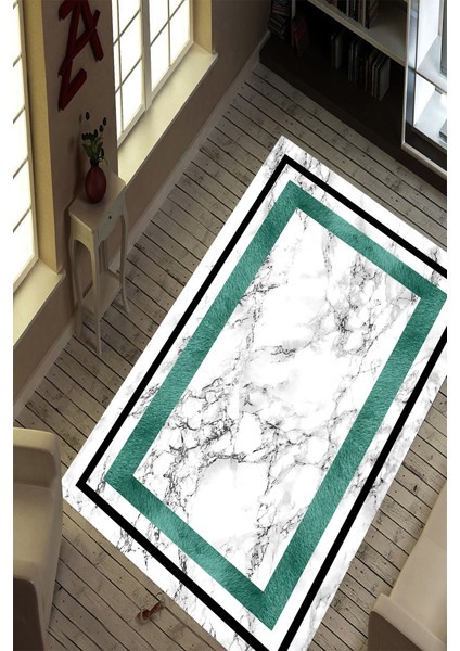 Kaymaz Dot Taban Yıkanabilir Dijital Baskı Yeşil Çizgi Detaylı Mermer Tasarımlı Salon Halısı 80 x 200