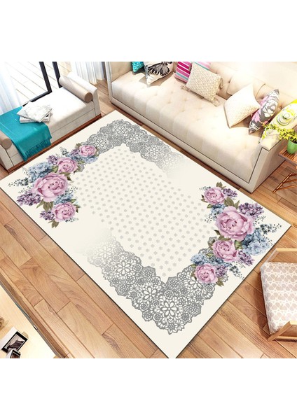 Kaymaz Dot Taban Yıkanabilir Dijital Baskı Açelya Çiçeği Desenli Salon Halısı 80 x 100