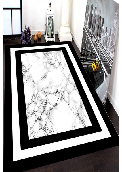 Kaymaz Dot Taban Yıkanabilir Dijital Baskı Dekoratif Mermer Tasarımlı Salon Halısı 80 x 200