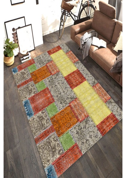Kaymaz Dot Taban Yıkanabilir Dijital Baskı Etnik Eskitme Desenli Salon Halısı 80 x 100