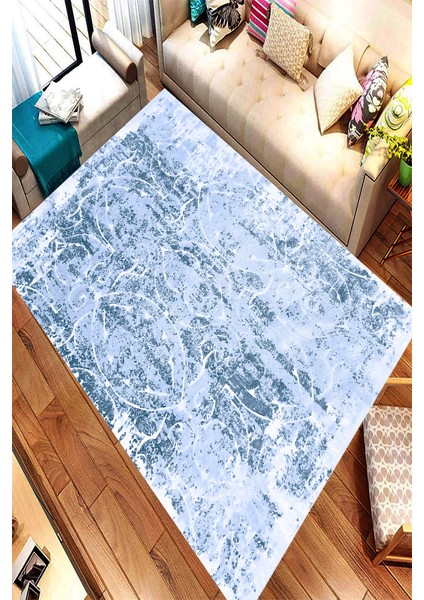 Kaymaz Dot Taban Yıkanabilir Dijital Baskı Mavi Motifli Salon Halısı 80 x 200