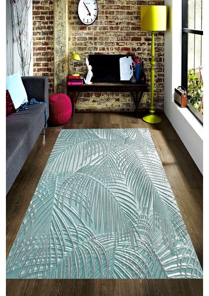 Kaymaz Dot Taban Yıkanabilir Dijital Baskı Turkuaz Palmiye Yaprakları Salon Halısı 80 x 100