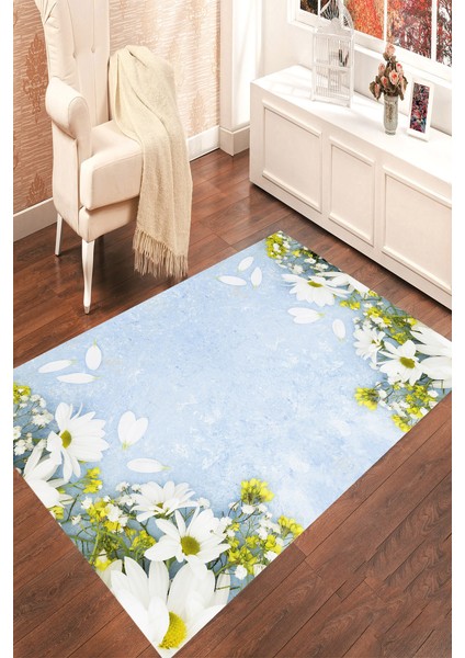Kaymaz Dot Taban Yıkanabilir Dijital Baskı Beyaz Papatyalar Salon Halısı 80 x 250