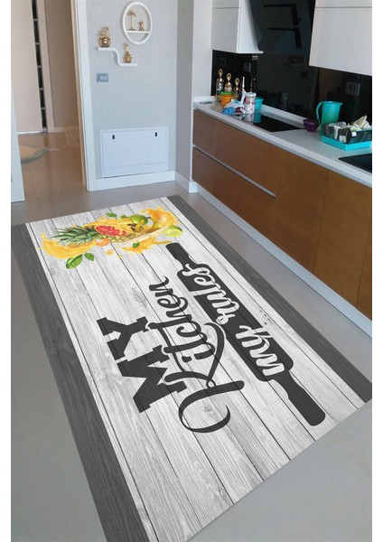 Kaymaz Dot Taban Yıkanabilir Dijital Baskı Tahta Tasarımlı Mutfağım Mutfak Halısı 80 x 100