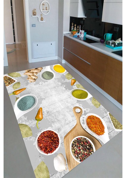 Kaymaz Dot Taban Yıkanabilir Dijital Baskı Sebze ve Baharat Mutfak Halısı 80 x 250