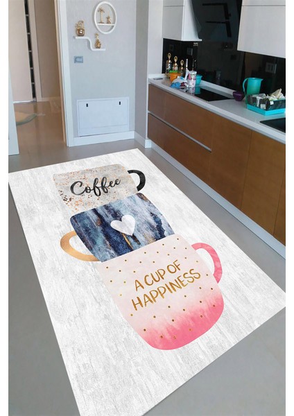 Kaymaz Dot Taban Yıkanabilir Dijital Baskı Fincan Tasarımlı Mutfak Halısı 100 x 600