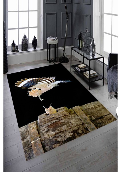Kaymaz Dot Taban Yıkanabilir Dijital Baskı Anne ve Yavru Kuş Desenli Salon Halısı 180 x 280