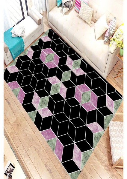 Kaymaz Dot Taban Yıkanabilir Dijital Baskı D Mor Siyah Küpler Salon Halısı 80 x 200