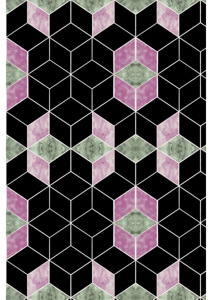 Kaymaz Dot Taban Yıkanabilir Dijital Baskı D Mor Siyah Küpler Salon Halısı 80 x 200