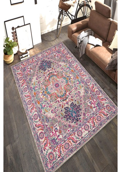 Kaymaz Dot Taban Yıkanabilir Dijital Baskı Mor Motifli Kilim Desenli Salon Halısı 80 x 100