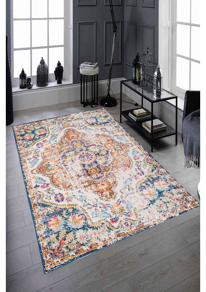 Kaymaz Dot Taban Yıkanabilir Dijital Baskı Mat Eskitme Kilim Desenli Salon Halısı 80 x 100
