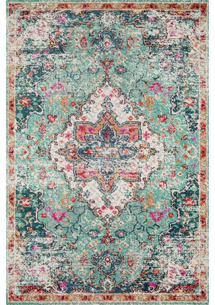 Kaymaz Dot Taban Yıkanabilir Dijital Baskı Turkuaz Eskitme Desenli Salon Halısı 80 x 200