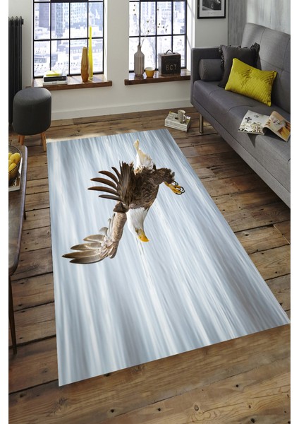 Kaymaz Dot Taban Yıkanabilir Dijital Baskı Kartal Tasarımlı Salon Halısı 80 x 100