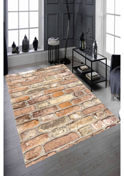Kaymaz Dot Taban Yıkanabilir Dijital Baskı Kiremit Taş Desenli Salon Halısı 80 x 100