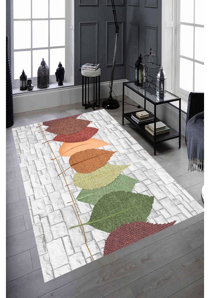 Kaymaz Dot Taban Yıkanabilir Dijital Baskı Renkli Yapraklar Salon Halısı 80 x 100
