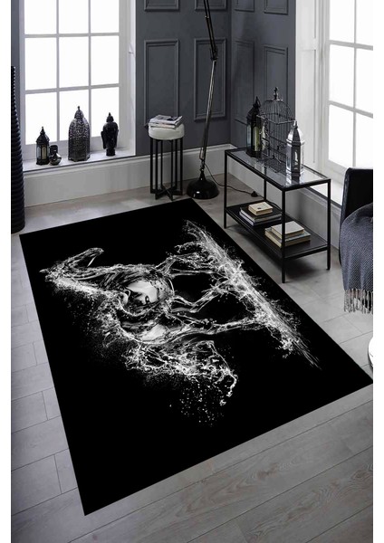 Kaymaz Dot Taban Yıkanabilir Dijital Baskı Siyah Beyaz At Çizimi Salon Halısı 80 x 100