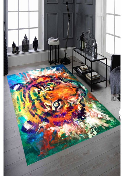 Kaymaz Dot Taban Yıkanabilir Dijital Baskı Pastel Renkler Kaplan Desenli Salon Halısı 80 x 100