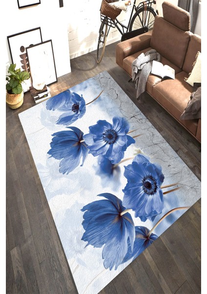 Kaymaz Dot Taban Yıkanabilir Dijital Baskı Mavi Kantaron Çiçeği Desenli Salon Halısı 200 x 300