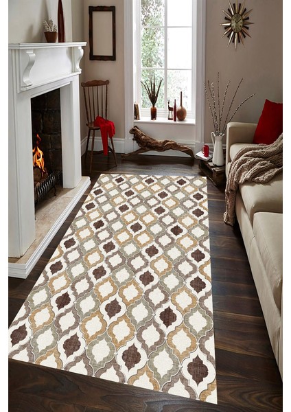 Kaymaz Dot Taban Yıkanabilir Dijital Baskı Eskitme Vektörel Tasarımlı Salon Halısı 80 x 100