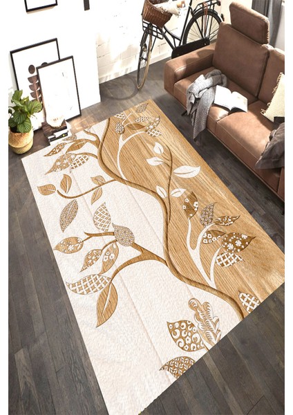 Kaymaz Dot Taban Yıkanabilir Dijital Baskı Ahşap Ağaç Dalları Desenli Salon Halısı 180 x 280