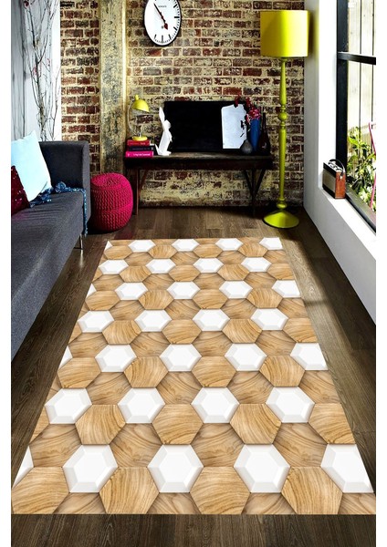 Kaymaz Dot Taban Yıkanabilir Dijital Baskı Parke Beyaz Altıgenler Salon Halısı 80 x 250