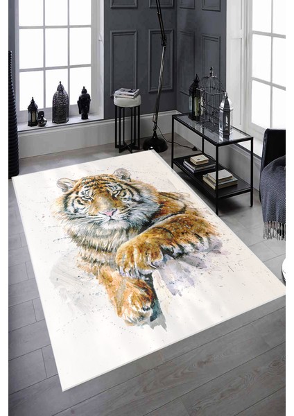 Kaymaz Dot Taban Yıkanabilir Dijital Baskı Beyaz Zemin Asil Kaplan Desenli Salon Halısı 80 x 200