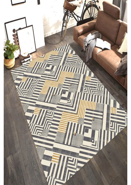 Kaymaz Dot Taban Yıkanabilir Dijital Baskı Modern Gri Çizgiler Tasarımlı Salon Halısı 180 x 280
