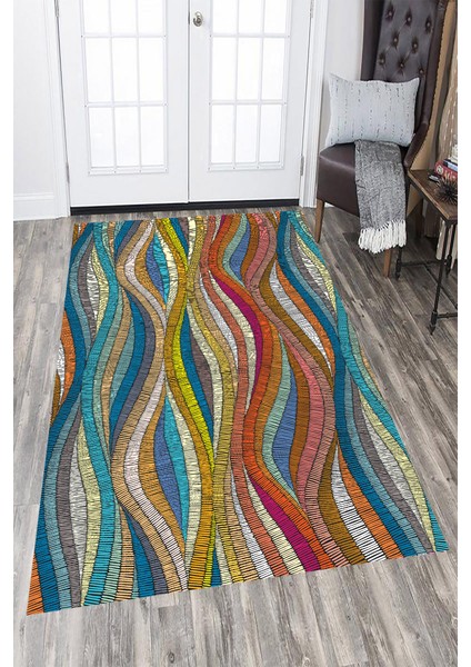 Kaymaz Dot Taban Yıkanabilir Dijital Baskı Renkli Dalga Tasarımlı Salon Halısı 80 x 200