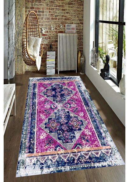 Kaymaz Dot Taban Yıkanabilir Dijital Baskı Lacivert Mor Eskitme Desenli Salon Halısı 80 x 100