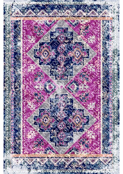 Kaymaz Dot Taban Yıkanabilir Dijital Baskı Lacivert Mor Eskitme Desenli Salon Halısı 80 x 100