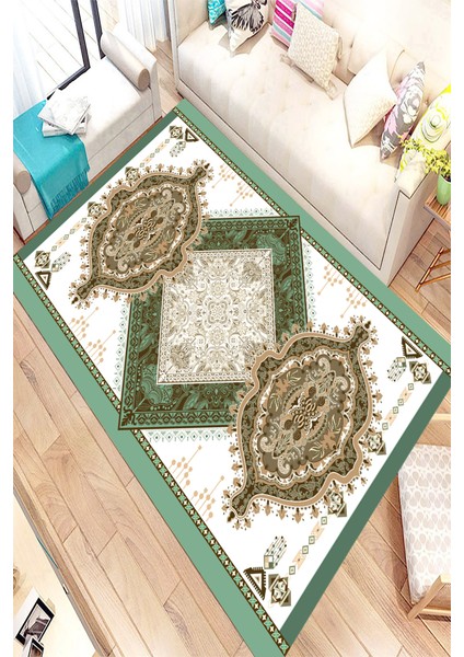 Kaymaz Dot Taban Yıkanabilir Dijital Baskı Yeşil Osmanlı Motifli Salon Halısı 80 x 100