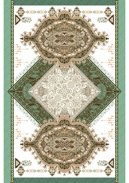 Kaymaz Dot Taban Yıkanabilir Dijital Baskı Yeşil Osmanlı Motifli Salon Halısı 80 x 100